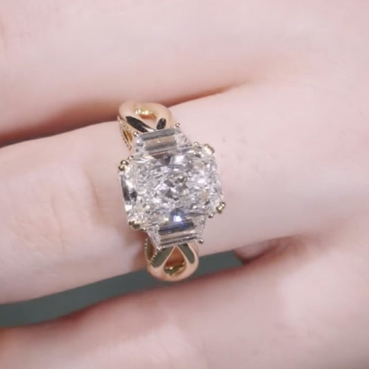 Radiant Lab Grown Engagement Ring Three Stone Gold Wedding Ring