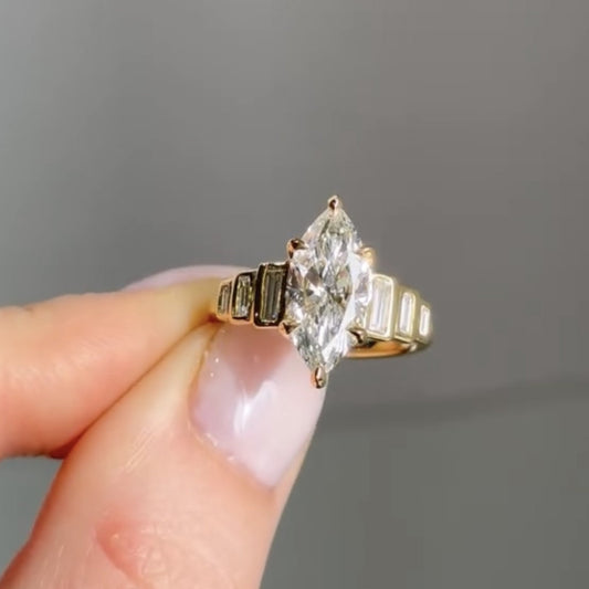 Marquise Moissanite Engagement Ring Bezel Set Baguette Gold Wedding Ring