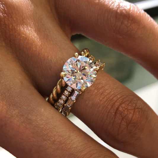 Round Cut Moissanite Engagement Ring Set Solitaire Ring With Two Matching Band Set  Bridal Set Wedding Ring Set Anniversary Set
