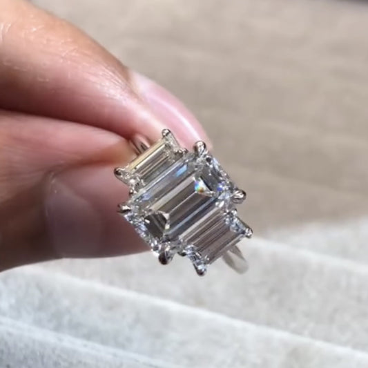 Emerald Cut Three Stone Lab Grown  Engagement Ring Trio Diamond Ring Gold Wedding Ring Past Present Future Ring Anniversary Ring
