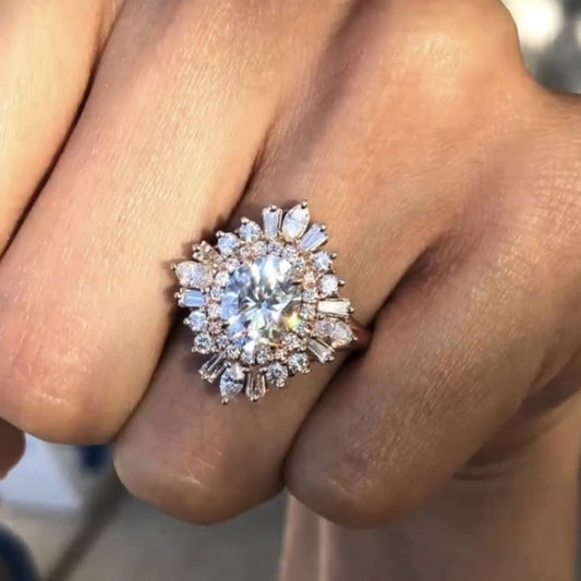 Starburst Oval Cut Lab Grown Engagement Ring Halo Set Vintage Ring Rose Gold Wedding Ring Anniversary Ring Handmade Promise Ring