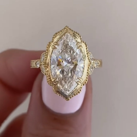 Bezel Set  Marquise Cut Lab Grown Engagement Art Deco  Vintage Wedding Ring Nature Inspired Ring Anniversary Rings For Women