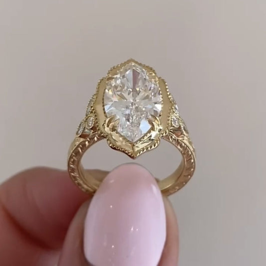 Bezel Set  Marquise Cut Moissanite Engagement Art Deco  Vintage Wedding Ring Nature Inspired Ring Anniversary Rings For Women
