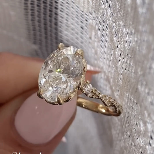 Oval Cut Moissanite Diamond Engagement Ring with Twisted Pave Band