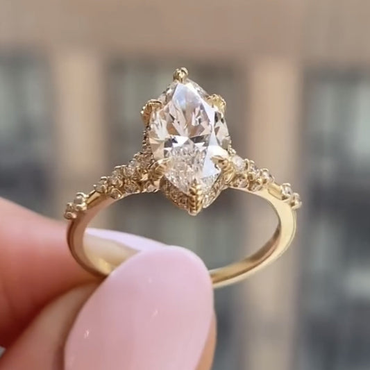Marquise Lab Grown Cut Art Deco Engagement Ring Hidden Halo Gold Wedding Ring Anniversary Rings For Women Nature Inspired Ring