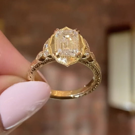 Emerald Cut Vintage Lab Grown Engagement Ring Double Claw Prong Gold Art Deco Ring Nature Inspired Wedding Ring Anniversary Ring