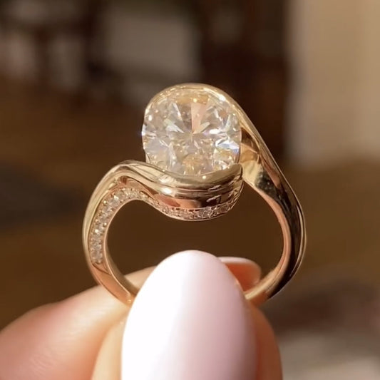 Oval Cut Bypass Engagement Ring Oval Half Bezel Set Lab Grown Ring Solid Gold Wedding Ring For Women Anniversary Ring Promise Ring