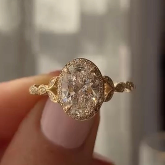 Oval Cut Lab Grown Diamond Ring Halo Set Twisted Band Ring