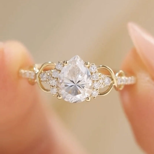 Art Deco Pear Lab Grown Engagement Ring  Gold Vintage Cluster Ring Wedding Ring For Women Nature Inspired Anniversary Ring