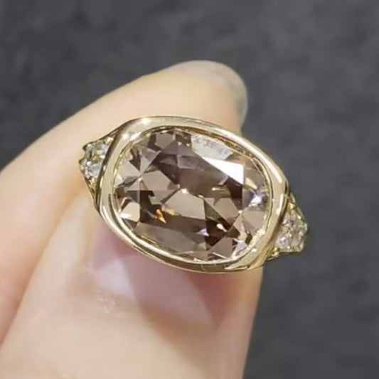 Brown Elongated Cushion Cut Old Mine Lab Grown Ring East West Bezel Set Cushion Engagement Ring Gold Wedding Ring Promise Ring