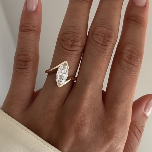 Half Bezel Set Marquise Cut Engagement Ring Bypass Lab Grown Ring Solid Gold Wedding Ring Anniversary Rings For Women Promise Ring