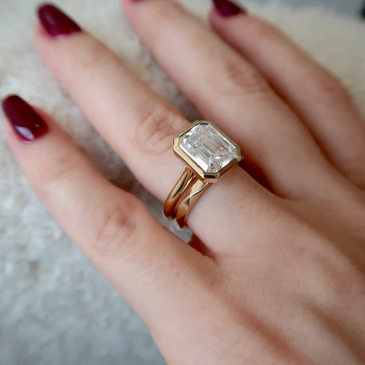 Bezel Set Emerald Cut Moissanite Engagement Ring Set Gold Bridal Set Solitaire Ring With Matching Band Wedding Ring Set For Women