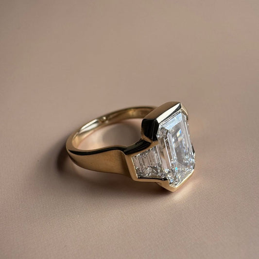 Bezel Set Emerald Cut Engagement Ring Three Stone Emerald Lab Grown Ring Wedding Ring Past Present Future Anniversary Ring