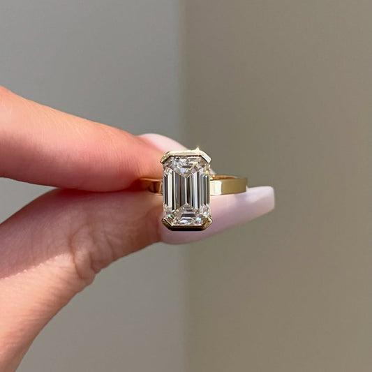 Half Bezel Set  Emerald Cut Lab Grown Engagement Rings Wedding Rings For Women Anniversary Ring Solitaire Promise Ring