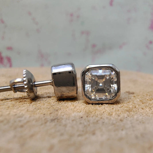 2.00 TCW Asscher Cut Moissanite Diamond Stud Earrings Classic Bezel Set Minimalist Jewelry Gift