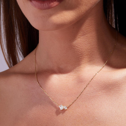 1.25 TCW Emerald and Pear Toi Et Moi Gold Necklace, Two Stone Lab Diamond Pendant