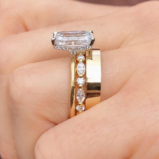 Emerald Cut Moissanite Engagement Ring Set Radiant Bridal Set  Wedding Ring Set Anniversary Ring With Two Matching Band