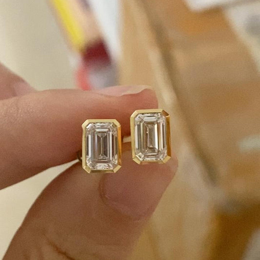 2.00 TCW Emerald Cut Moissanite Diamond Stud Earring Eight With Bezel Set