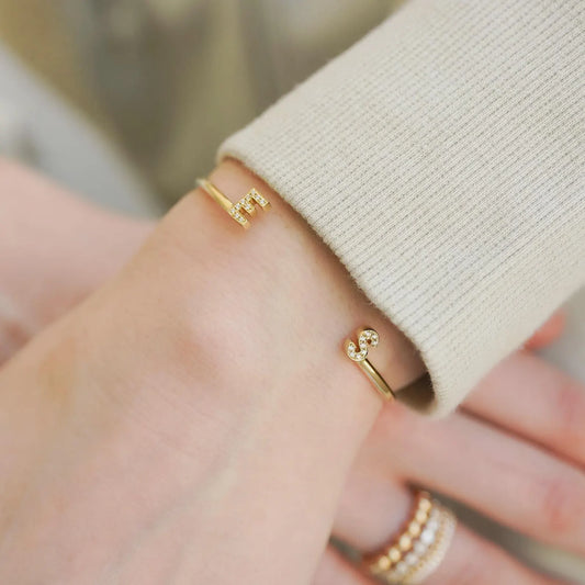 Moissanite Diamond Initial Open Cuff Bracelet, Personalized Minimal Jewelry
